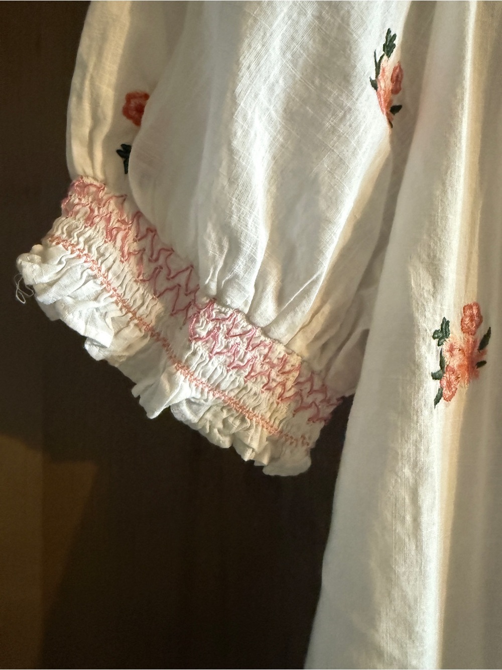 LOFT White Button-Front Peasant Blouse with Pink Floral Embroidery - Picture 4 of 7